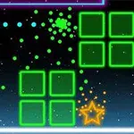 핑크색 네모와 원, 초록색 네모 블록, 주황색 별 모양과 반짝이는 점들이 어우러진 이미지