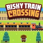 픽셀 아트 스타일의 기차가 철로 위를 달리고 있으며, 전면에 한 사람과 나무들이 배치되어 있는 장면