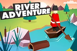 카툰 스타일로 강을 노 젓는 빨간 옷을 입은 사람이 있는 풍경