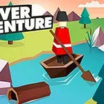 카툰 스타일로 강을 노 젓는 빨간 옷을 입은 사람이 있는 풍경