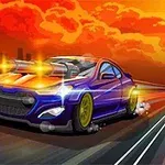 빠르게 달리는 보라색 자동차와 불타는 하늘 배경