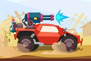 붉은 차에 파란색 에너지포가 장착되어 있는 사막 배경의 일러스트