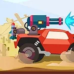 붉은 차에 파란색 에너지포가 장착되어 있는 사막 배경의 일러스트