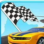 노란색 스포츠카가 구불구불한 도로를 달리고 있으며, 배경에는 체커기 깃발이 보인다