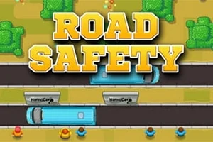 도로 위를 달리는 파란색 버스와 주변 인물들, ROAD SAFETY라는 글자가 상단에 있는 이미지