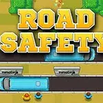 도로 위를 달리는 파란색 버스와 주변 인물들, ROAD SAFETY라는 글자가 상단에 있는 이미지