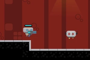 로봇 캐릭터가 총을 들고 적 로봇과 마주보고 있는 장면