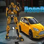 노란색 자동차와 로봇이 나란히 서 있는 모습