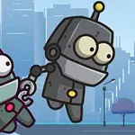 두 개의 로봇이 도시 배경 앞에서 손을 잡고 있는 모습