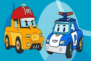 빨간색 모자를 쓴 노란색 트럭과 파란색 경찰차 모습의 만화 자동차 두 대가 나란히 있음