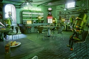 바 안에 여러 로봇들이 앉아 있는 레트로 분위기의 카페 내부 모습