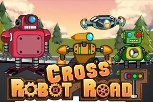 세 개의 로봇과 하나의 드론이 있는 만화 스타일의 일러스트 이미지, 아래에는 CROSS ROBOT ROAD라는 텍스트가 있음