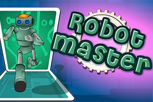 로봇 캐릭터가 초록색 배경에서 달리고 있으며, 오른쪽에는 톱니바퀴와 함께 Robot master라는 글자가 있다