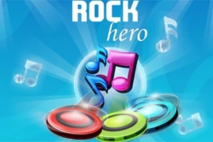 파란 배경에 ROCK hero라는 글자와 함께 다양한 색상의 음악 노트와 원형 버튼들이 있는 이미지