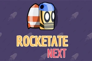 로켓과 헬멧을 쓴 만화 캐릭터가 그려져 있으며, 배경에 로켓 아이콘이 반복되고 ROCKETATE NEXT라는 텍스트가 쓰여 있다