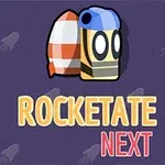 로켓과 헬멧을 쓴 만화 캐릭터가 그려져 있으며, 배경에 로켓 아이콘이 반복되고 ROCKETATE NEXT라는 텍스트가 쓰여 있다