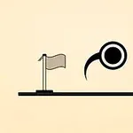 검은색 원형 캐릭터가 깃발 옆에 위치한 단순한 디자인의 이미지