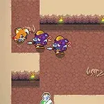 갈색 지하 던전에서 두 마리의 파란 몬스터와 작은 여우 캐릭터가 있는 장면