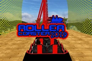 롤러코스터 트랙 위에 빨간 롤러코스터 차량과 ROLLER COASTER 2019 텍스트가 있는 이미지