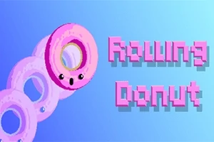핑크색 얼굴이 있는 도넛이 파란 배경 위에 있고, 옆에 Rolling Donut라는 픽셀 스타일 텍스트가 있음