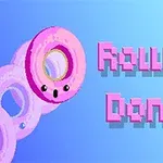 핑크색 얼굴이 있는 도넛이 파란 배경 위에 있고, 옆에 Rolling Donut라는 픽셀 스타일 텍스트가 있음