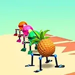 로봇 다리로 걷는 다양한 색상의 과일 모양 물체들