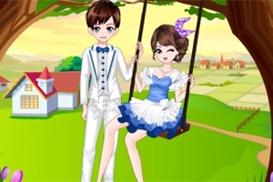 남자와 여자가 나무 그네에 앉아 있는 만화 스타일의 장면입니다