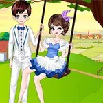 남자와 여자가 나무 그네에 앉아 있는 만화 스타일의 장면입니다