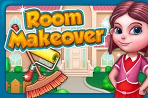 소녀가 있는 집의 삽화와 페인트 롤러, 빗자루, Room Makeover라는 텍스트가 포함된 이미지