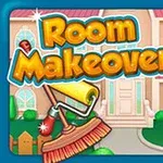 소녀가 있는 집의 삽화와 페인트 롤러, 빗자루, Room Makeover라는 텍스트가 포함된 이미지