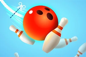 빨간색 볼링공이 세 개의 흰색 볼링 핀을 쓰러뜨리는 이미지입니다