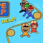 밝은 파란색 배경에 노란색 밧줄을 매단 다양한 색상의 모자를 쓴 캐릭터들이 보인다