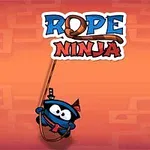 붉은색 배경에 밧줄을 타고 있는 파란색 옷을 입은 만화 닌자 캐릭터와 상단에 로고가 있는 이미지