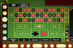 카지노 룰렛 테이블의 상단 뷰가 녹색 배경 위에 숫자와 베팅 구역을 포함하고 있음