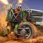 녹색의 투박한 차량이 먼지를 일으키며 빠르게 달리는 장면