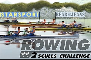 노 젓는 경기 중인 선수들과 배너가 있는 풍경