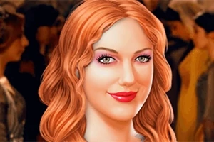 빨간 머리를 가진 여성이 배경의 흐릿한 사람들 앞에서 미소 짓고 있습니다