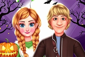 한 쌍의 만화 캐릭터가 핼러윈 분위기의 배경 앞에 서 있으며, 호박과 나무 실루엣, 박쥐가 보인다