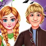 한 쌍의 만화 캐릭터가 핼러윈 분위기의 배경 앞에 서 있으며, 호박과 나무 실루엣, 박쥐가 보인다