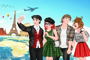 세 명의 젊은 남녀가 유럽 배경 앞에서 셀카를 찍고 있으며, 하늘에는 비행기와 열기구가 떠 있다