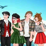 세 명의 젊은 남녀가 유럽 배경 앞에서 셀카를 찍고 있으며, 하늘에는 비행기와 열기구가 떠 있다