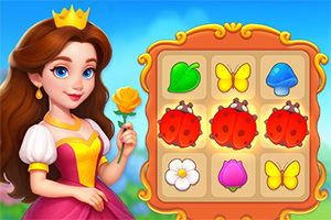 공주가 노란 장미를 들고 있고, 다양한 아이콘이 그려진 퍼즐 보드가 있는 장면