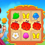 공주가 노란 장미를 들고 있고, 다양한 아이콘이 그려진 퍼즐 보드가 있는 장면