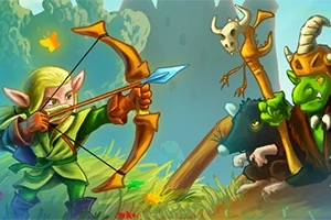 오른쪽에는 녹색 피부의 오크 전사가 있고, 왼쪽에는 요정 궁수가 화살을 겨누고 있는 판타지 일러스트