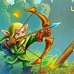 오른쪽에는 녹색 피부의 오크 전사가 있고, 왼쪽에는 요정 궁수가 화살을 겨누고 있는 판타지 일러스트