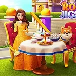 여성이 황금 드레스를 입고 개와 함께 테이블에 앉아 있으며, 주변에 화려한 정원이 있고 테이블에는 다과가 놓여 있다