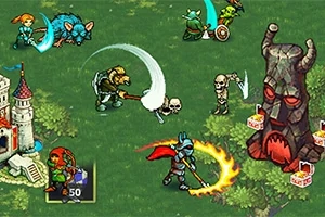 초록색 배경 위에서 전사와 마법사 같은 캐릭터들이 전투를 벌이며, 큰 얼굴 모양의 나무 조각상이 있는 장면