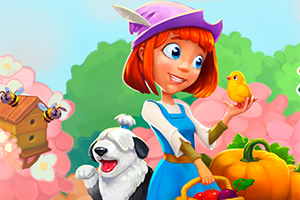 여자 아이가 병아리를 들고 있고, 강아지와 과일 바구니, 호박이 있는 장면