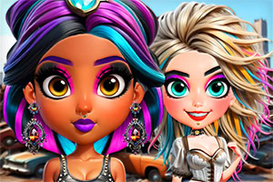 화려한 색상의 헤어스타일과 의상을 입은 두 캐릭터가 배경의 차량들과 함께 서 있다