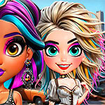 화려한 색상의 헤어스타일과 의상을 입은 두 캐릭터가 배경의 차량들과 함께 서 있다